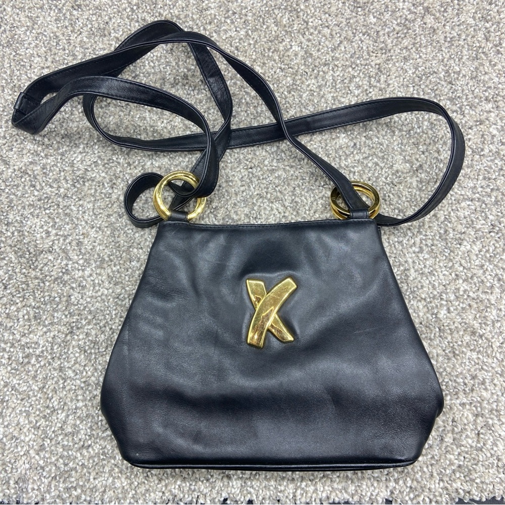 Paloma Picasso Black Leather Crossbody Shoulder Bag Purse Made in Italy